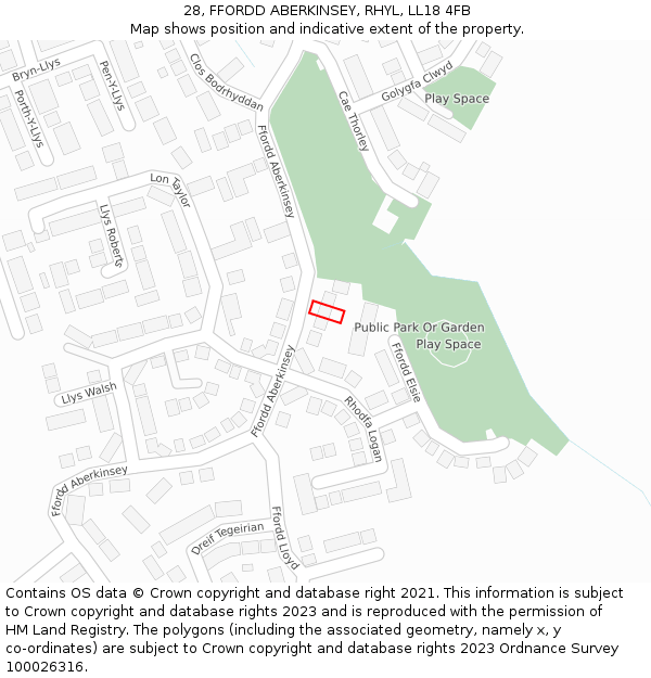 28, FFORDD ABERKINSEY, RHYL, LL18 4FB: Location map and indicative extent of plot