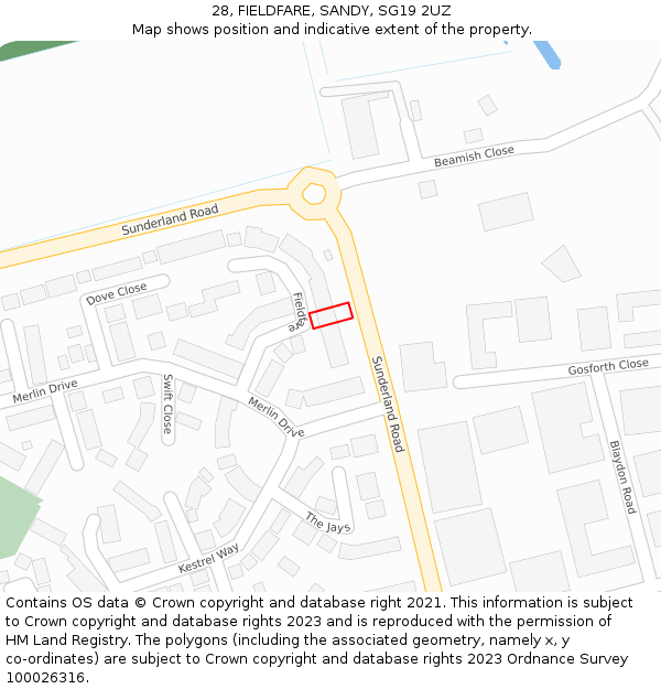 28, FIELDFARE, SANDY, SG19 2UZ: Location map and indicative extent of plot