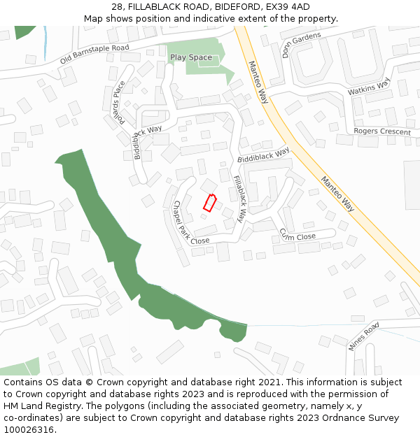 28, FILLABLACK ROAD, BIDEFORD, EX39 4AD: Location map and indicative extent of plot