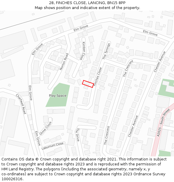 28, FINCHES CLOSE, LANCING, BN15 8PP: Location map and indicative extent of plot