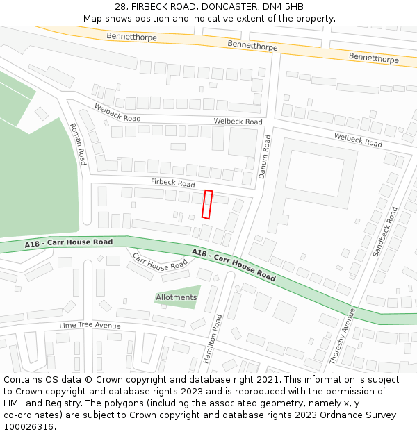 28, FIRBECK ROAD, DONCASTER, DN4 5HB: Location map and indicative extent of plot