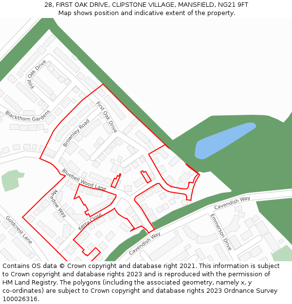 28, FIRST OAK DRIVE, CLIPSTONE VILLAGE, MANSFIELD, NG21 9FT: Location map and indicative extent of plot