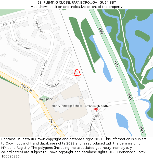 28, FLEMING CLOSE, FARNBOROUGH, GU14 8BT: Location map and indicative extent of plot