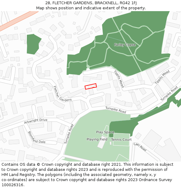 28, FLETCHER GARDENS, BRACKNELL, RG42 1FJ: Location map and indicative extent of plot