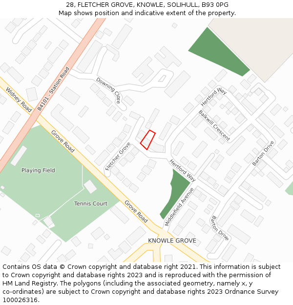 28, FLETCHER GROVE, KNOWLE, SOLIHULL, B93 0PG: Location map and indicative extent of plot