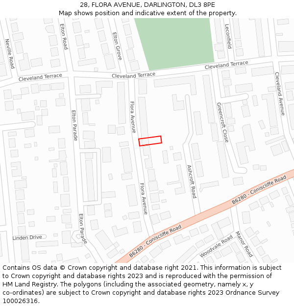 28, FLORA AVENUE, DARLINGTON, DL3 8PE: Location map and indicative extent of plot