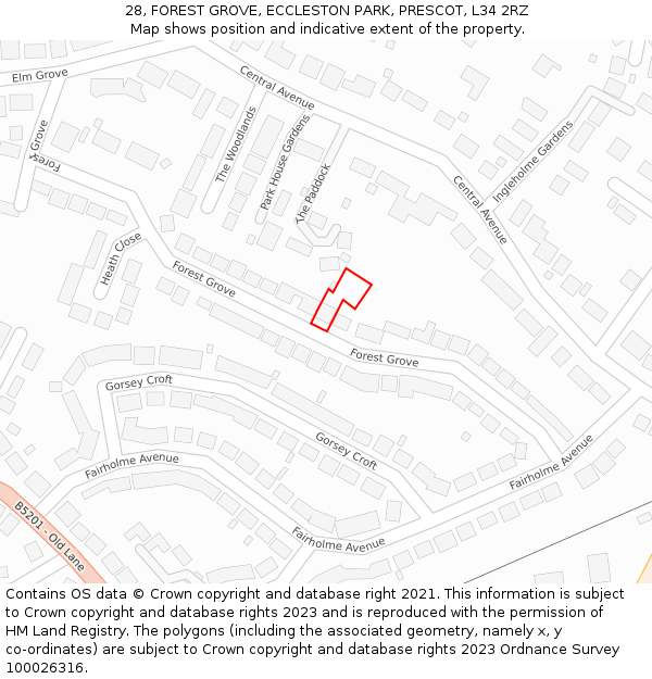 28, FOREST GROVE, ECCLESTON PARK, PRESCOT, L34 2RZ: Location map and indicative extent of plot