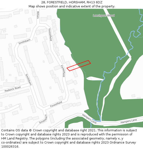 28, FORESTFIELD, HORSHAM, RH13 6DZ: Location map and indicative extent of plot