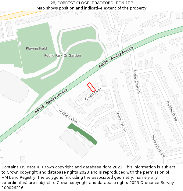28, FORREST CLOSE, BRADFORD, BD6 1BB: Location map and indicative extent of plot
