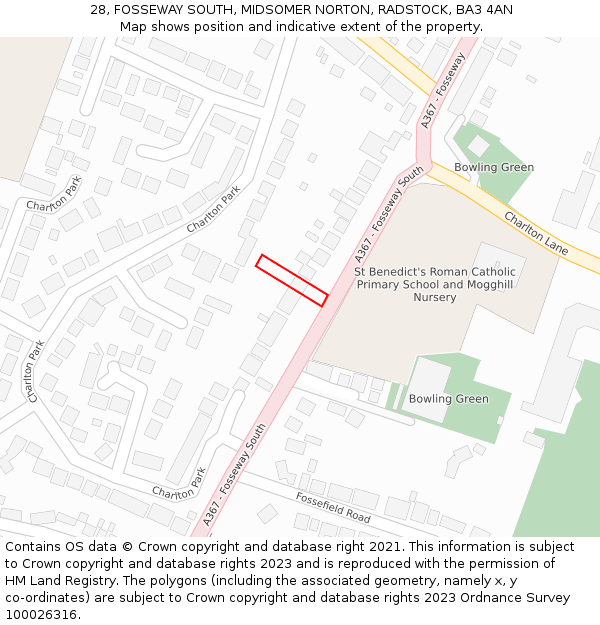 28, FOSSEWAY SOUTH, MIDSOMER NORTON, RADSTOCK, BA3 4AN: Location map and indicative extent of plot