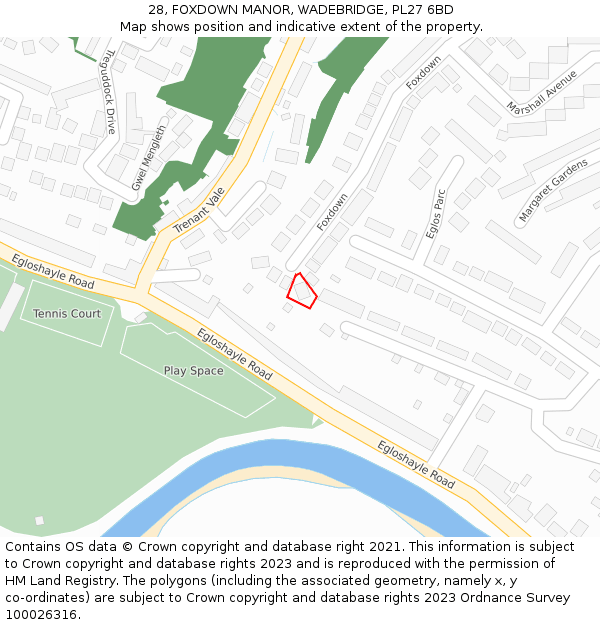 28, FOXDOWN MANOR, WADEBRIDGE, PL27 6BD: Location map and indicative extent of plot