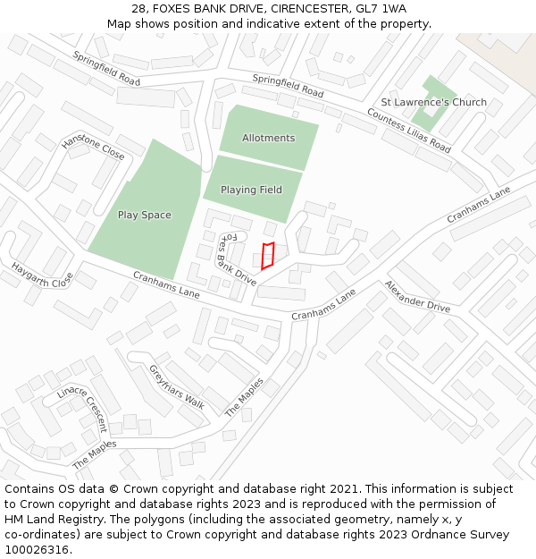 28, FOXES BANK DRIVE, CIRENCESTER, GL7 1WA: Location map and indicative extent of plot