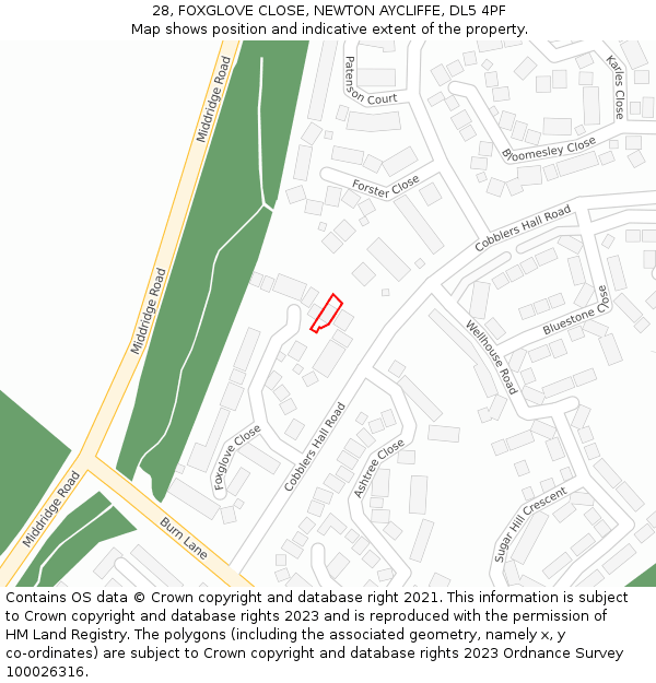 28, FOXGLOVE CLOSE, NEWTON AYCLIFFE, DL5 4PF: Location map and indicative extent of plot