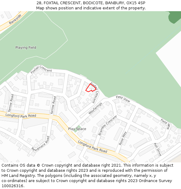 28, FOXTAIL CRESCENT, BODICOTE, BANBURY, OX15 4SP: Location map and indicative extent of plot