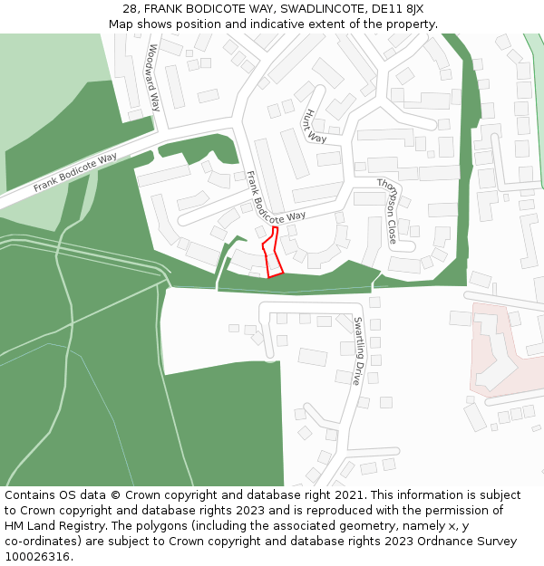 28, FRANK BODICOTE WAY, SWADLINCOTE, DE11 8JX: Location map and indicative extent of plot