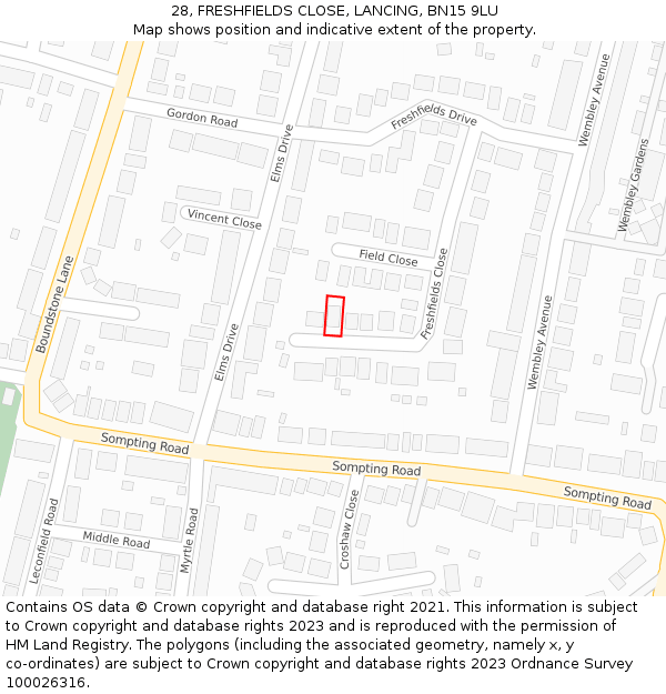 28, FRESHFIELDS CLOSE, LANCING, BN15 9LU: Location map and indicative extent of plot