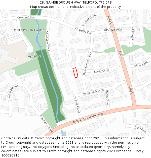 28, GAINSBOROUGH WAY, TELFORD, TF5 0PS: Location map and indicative extent of plot