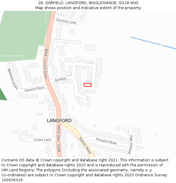 28, GARFIELD, LANGFORD, BIGGLESWADE, SG18 9NG: Location map and indicative extent of plot