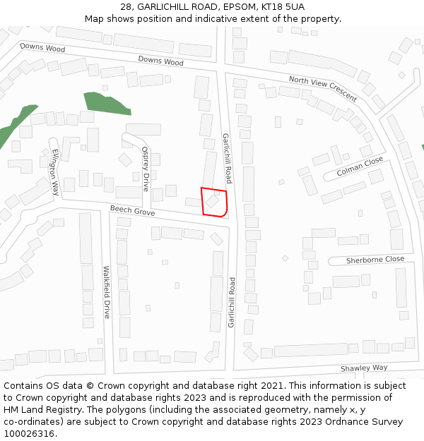 28, GARLICHILL ROAD, EPSOM, KT18 5UA: Location map and indicative extent of plot