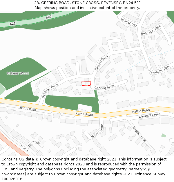 28, GEERING ROAD, STONE CROSS, PEVENSEY, BN24 5FF: Location map and indicative extent of plot