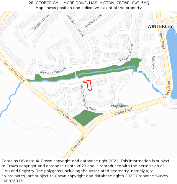28, GEORGE GALLIMORE DRIVE, HASLINGTON, CREWE, CW1 5AQ: Location map and indicative extent of plot