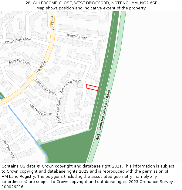 28, GILLERCOMB CLOSE, WEST BRIDGFORD, NOTTINGHAM, NG2 6SE: Location map and indicative extent of plot