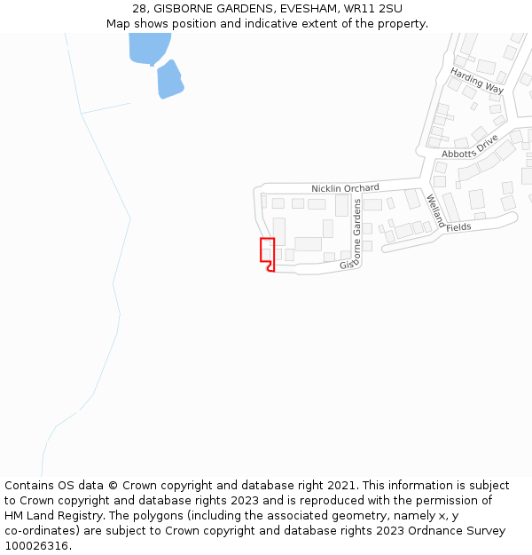 28, GISBORNE GARDENS, EVESHAM, WR11 2SU: Location map and indicative extent of plot