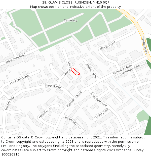 28, GLAMIS CLOSE, RUSHDEN, NN10 0QP: Location map and indicative extent of plot