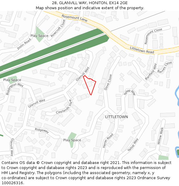 28, GLANVILL WAY, HONITON, EX14 2GE: Location map and indicative extent of plot