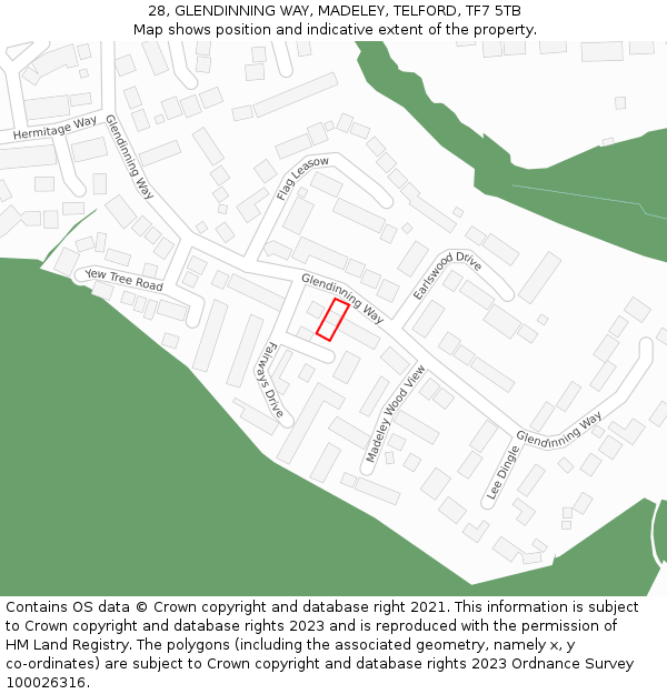 28, GLENDINNING WAY, MADELEY, TELFORD, TF7 5TB: Location map and indicative extent of plot