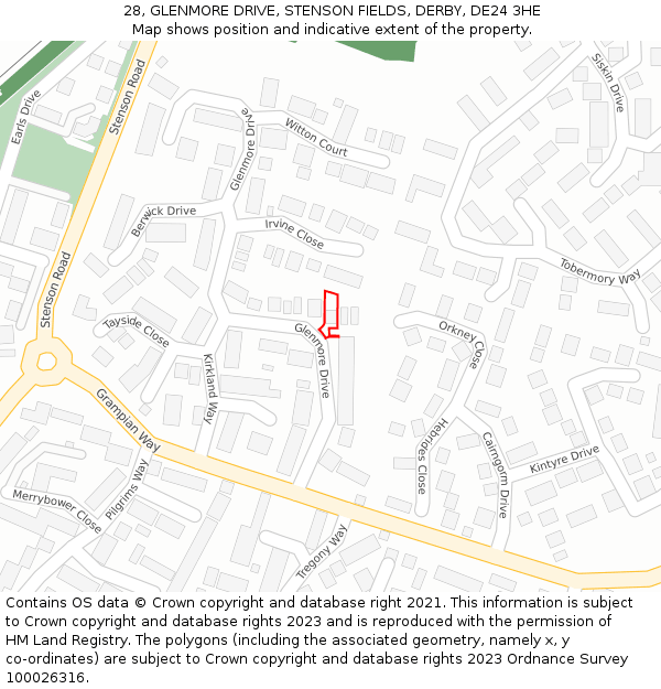 28, GLENMORE DRIVE, STENSON FIELDS, DERBY, DE24 3HE: Location map and indicative extent of plot