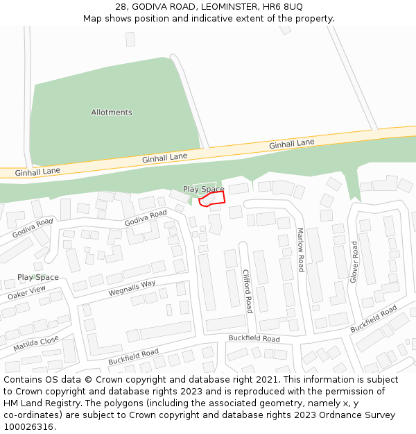 28, GODIVA ROAD, LEOMINSTER, HR6 8UQ: Location map and indicative extent of plot