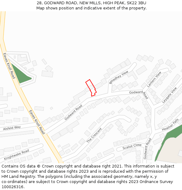 28, GODWARD ROAD, NEW MILLS, HIGH PEAK, SK22 3BU: Location map and indicative extent of plot