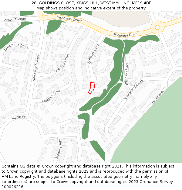 28, GOLDINGS CLOSE, KINGS HILL, WEST MALLING, ME19 4BE: Location map and indicative extent of plot