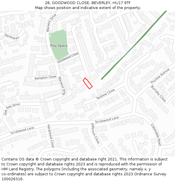 28, GOODWOOD CLOSE, BEVERLEY, HU17 9TF: Location map and indicative extent of plot