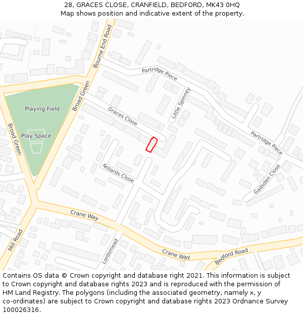 28, GRACES CLOSE, CRANFIELD, BEDFORD, MK43 0HQ: Location map and indicative extent of plot