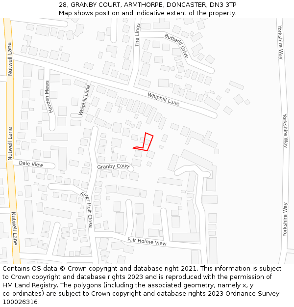 28, GRANBY COURT, ARMTHORPE, DONCASTER, DN3 3TP: Location map and indicative extent of plot