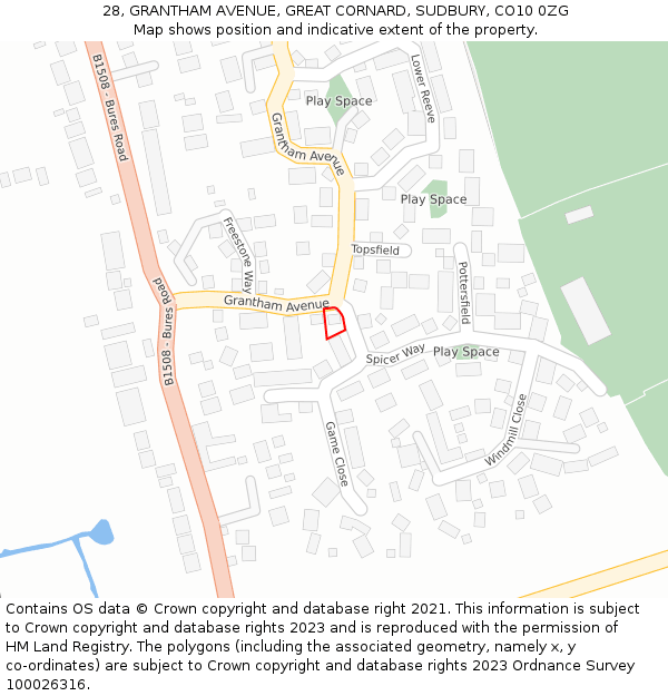 28, GRANTHAM AVENUE, GREAT CORNARD, SUDBURY, CO10 0ZG: Location map and indicative extent of plot