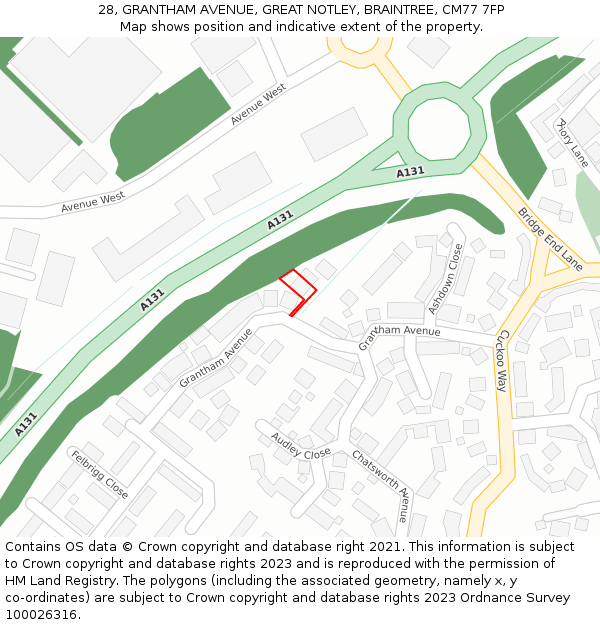 28, GRANTHAM AVENUE, GREAT NOTLEY, BRAINTREE, CM77 7FP: Location map and indicative extent of plot