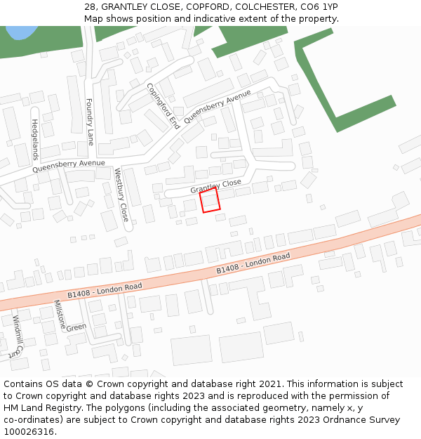 28, GRANTLEY CLOSE, COPFORD, COLCHESTER, CO6 1YP: Location map and indicative extent of plot