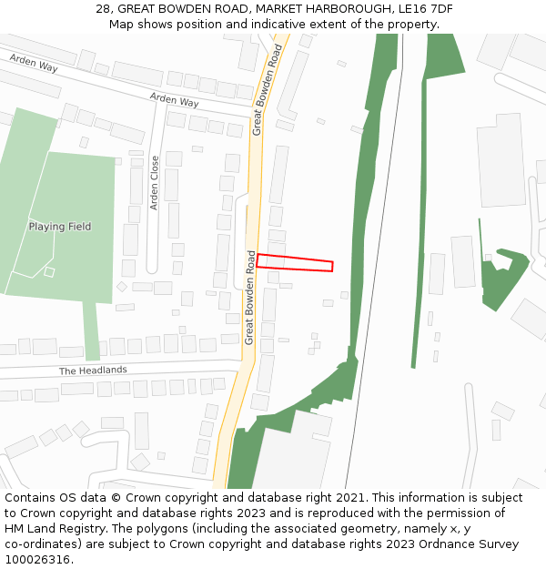 28, GREAT BOWDEN ROAD, MARKET HARBOROUGH, LE16 7DF: Location map and indicative extent of plot