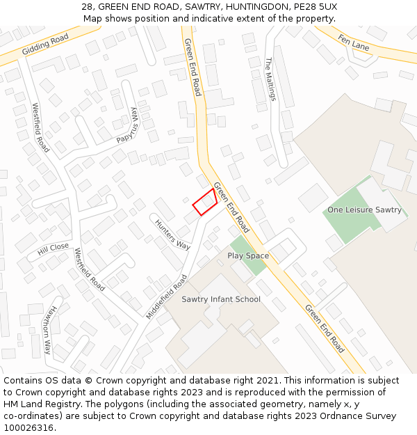 28, GREEN END ROAD, SAWTRY, HUNTINGDON, PE28 5UX: Location map and indicative extent of plot