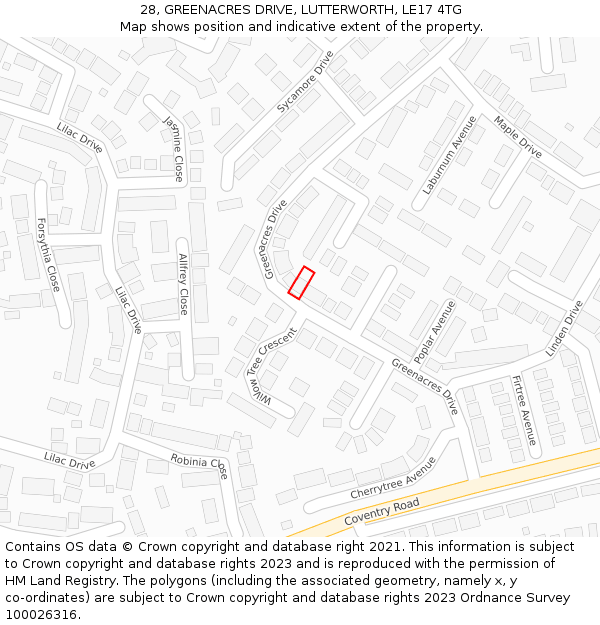 28, GREENACRES DRIVE, LUTTERWORTH, LE17 4TG: Location map and indicative extent of plot