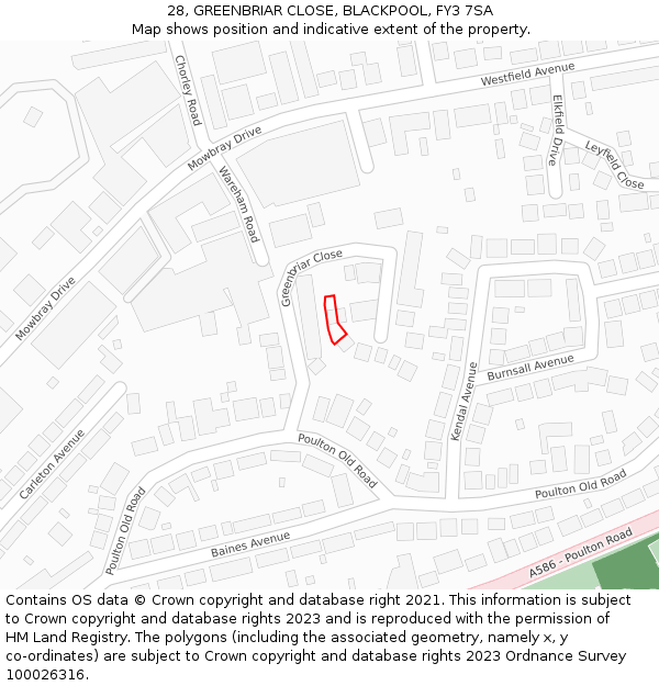 28, GREENBRIAR CLOSE, BLACKPOOL, FY3 7SA: Location map and indicative extent of plot