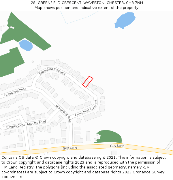 28, GREENFIELD CRESCENT, WAVERTON, CHESTER, CH3 7NH: Location map and indicative extent of plot
