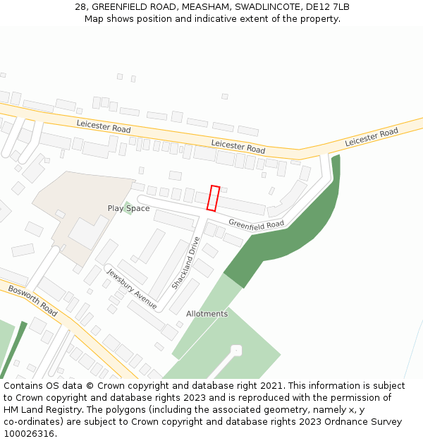 28, GREENFIELD ROAD, MEASHAM, SWADLINCOTE, DE12 7LB: Location map and indicative extent of plot