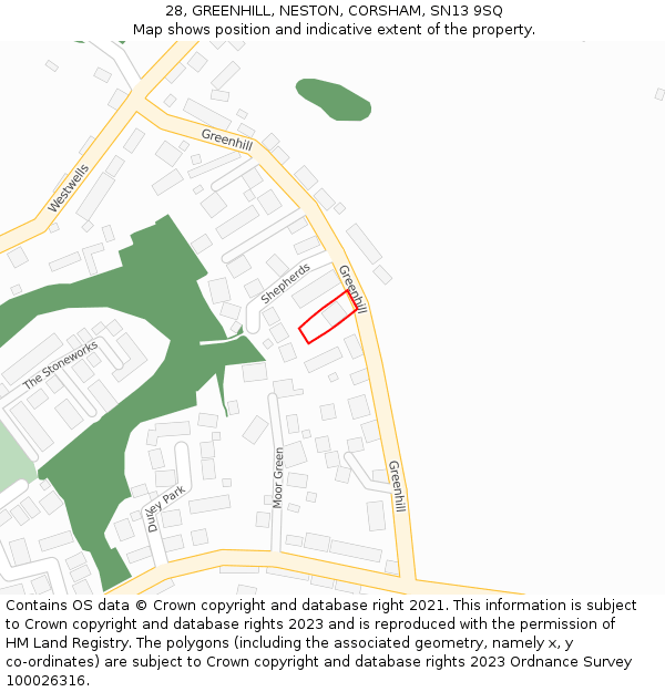 28, GREENHILL, NESTON, CORSHAM, SN13 9SQ: Location map and indicative extent of plot