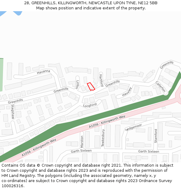 28, GREENHILLS, KILLINGWORTH, NEWCASTLE UPON TYNE, NE12 5BB: Location map and indicative extent of plot