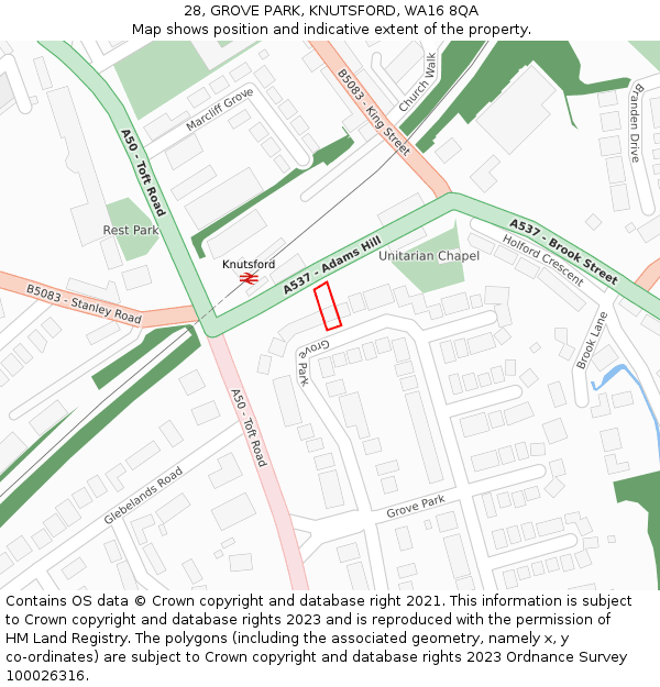 28, GROVE PARK, KNUTSFORD, WA16 8QA: Location map and indicative extent of plot