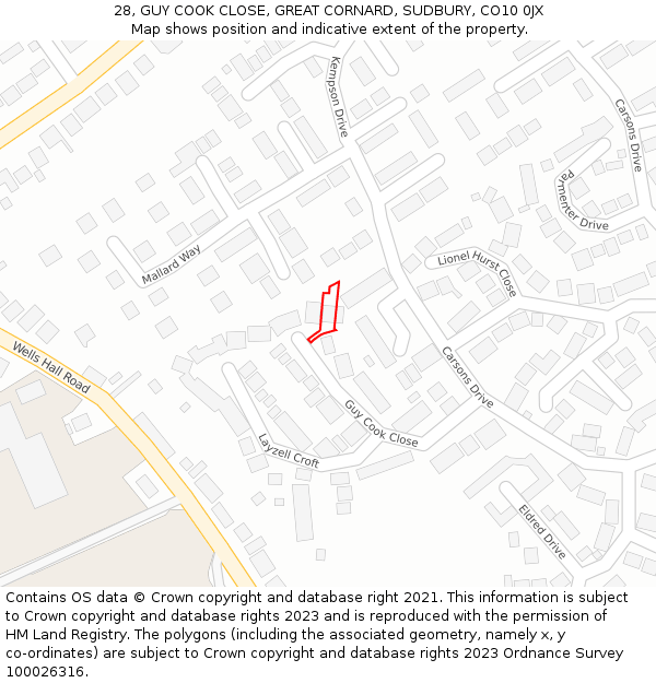 28, GUY COOK CLOSE, GREAT CORNARD, SUDBURY, CO10 0JX: Location map and indicative extent of plot